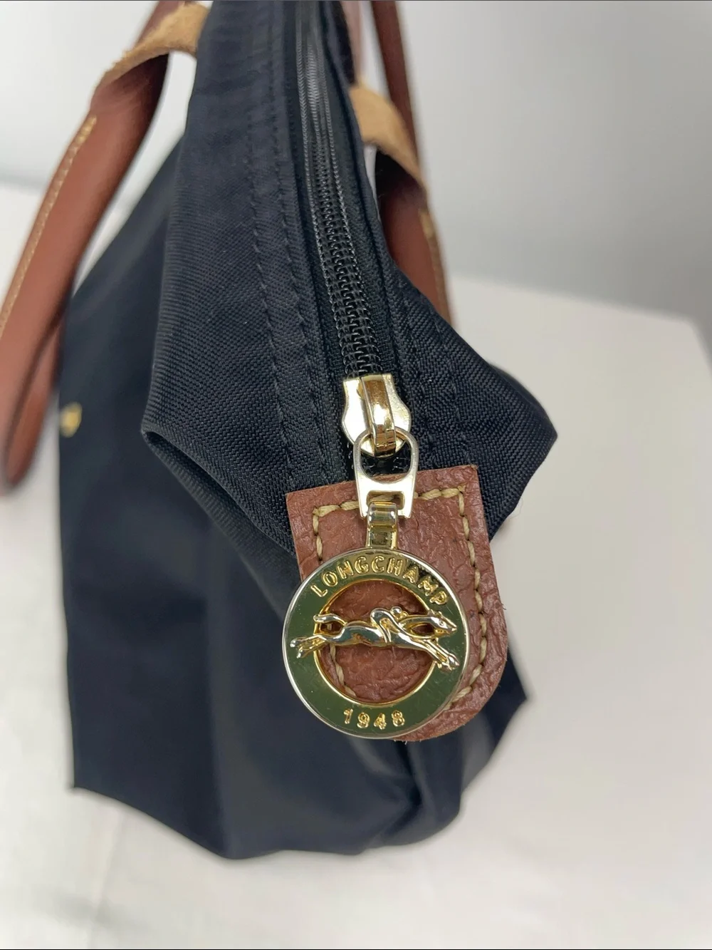 Longchamp Black Nylon Tote with Brown Leather Handles